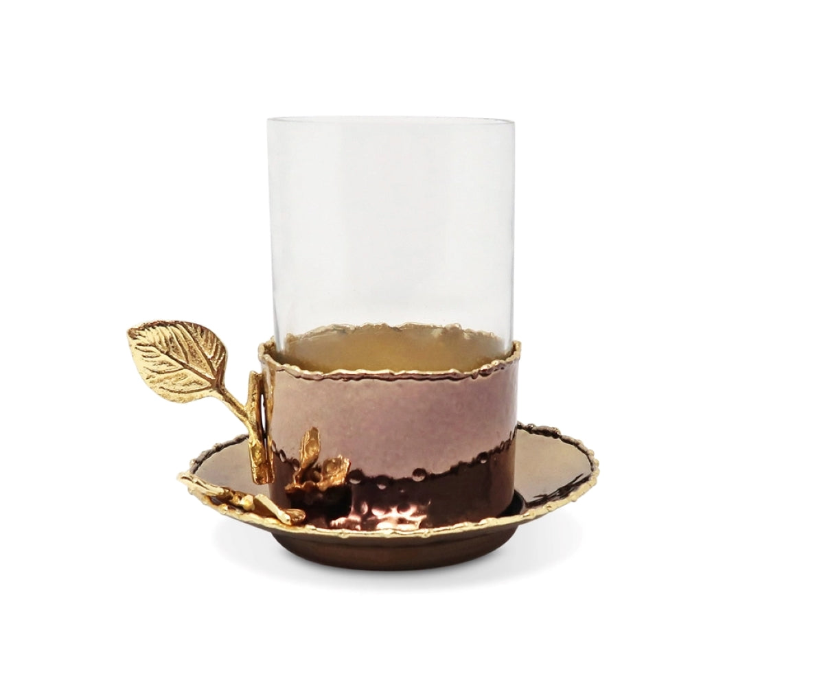 Glass Cup and Metal Saucer with Gold Leaf Flower Design