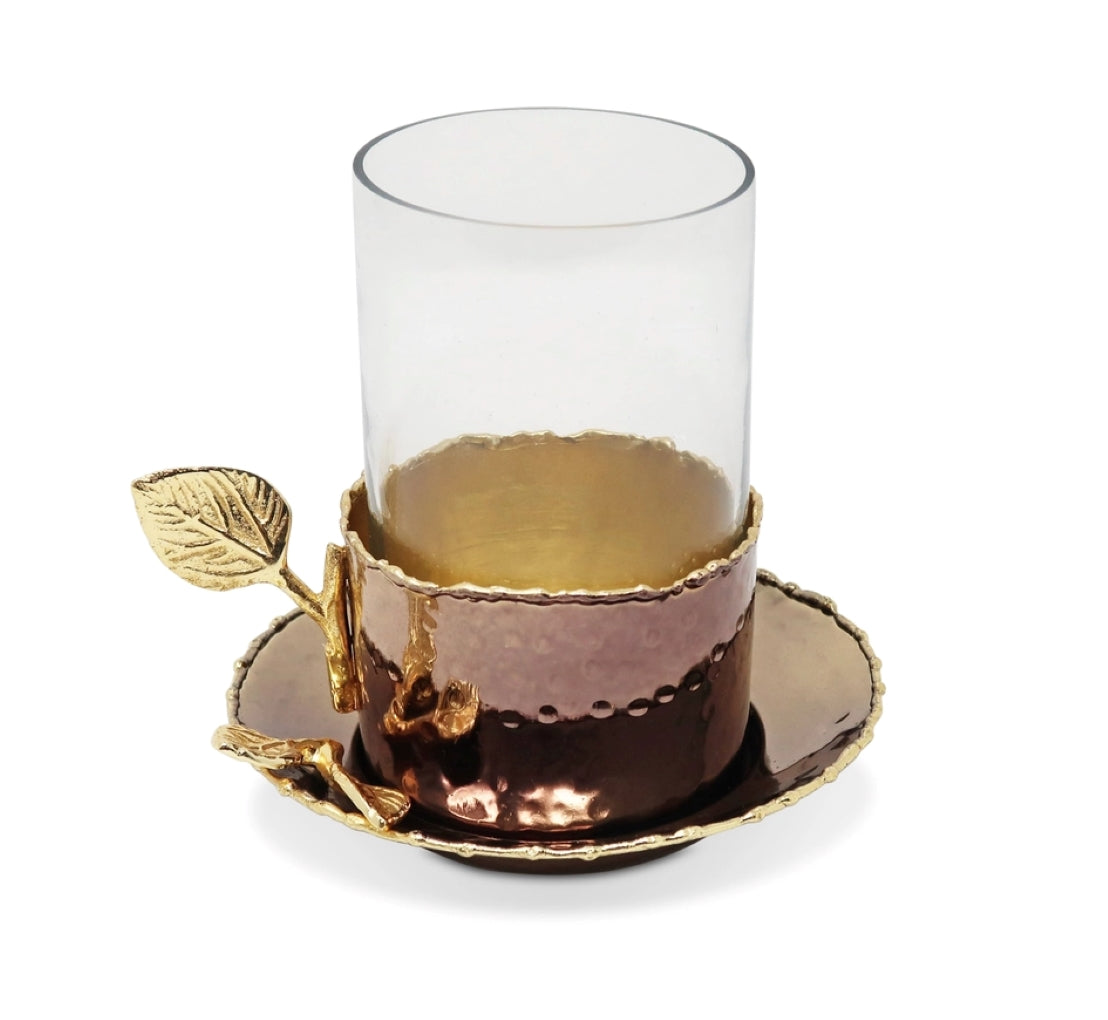 Glass Cup and Metal Saucer with Gold Leaf Flower Design