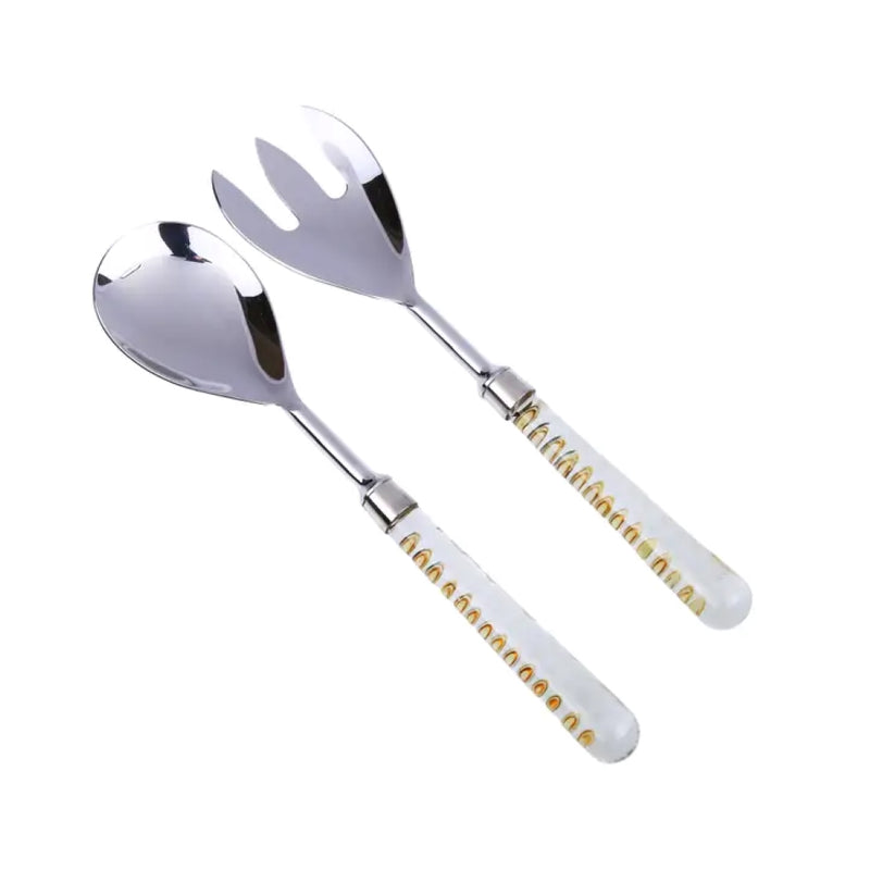 Set of 2 Stainless Steel Salad Servers with Glass Handles and Gold Design