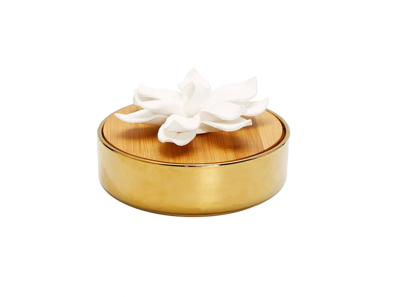 Gold Round Diffuser with Wood Grain Lid and White Flower/Lily of the Valley Aroma