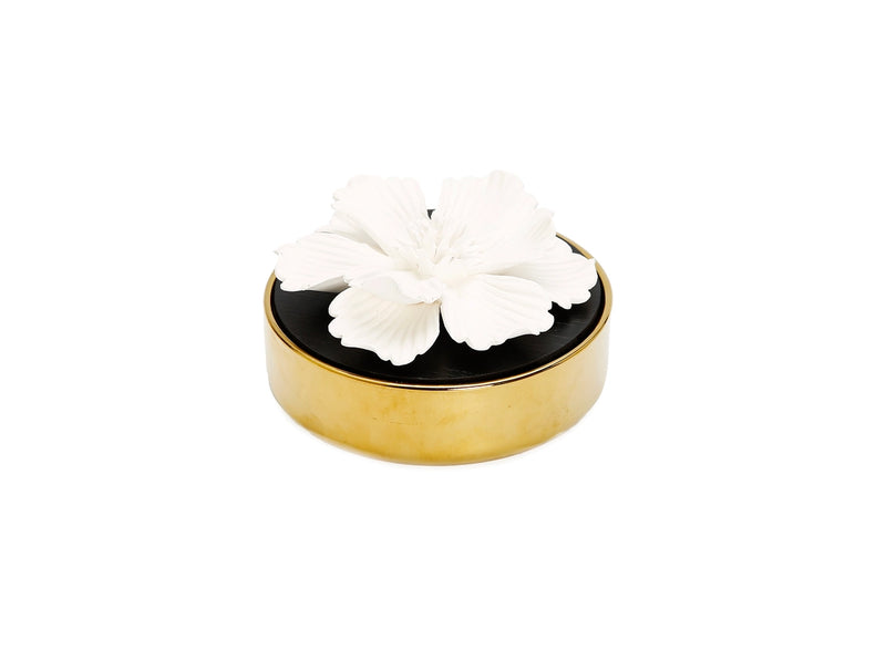 Gold Round Diffuser with Black Lid and White Flower/English Pears and Freesia Aroma