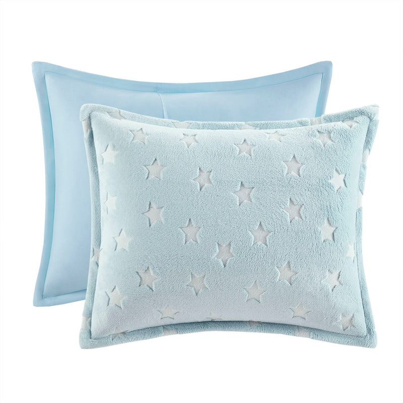 Kids Aqua Plush Comforter Set with Glow In The Dark Stars (2 Sizes)