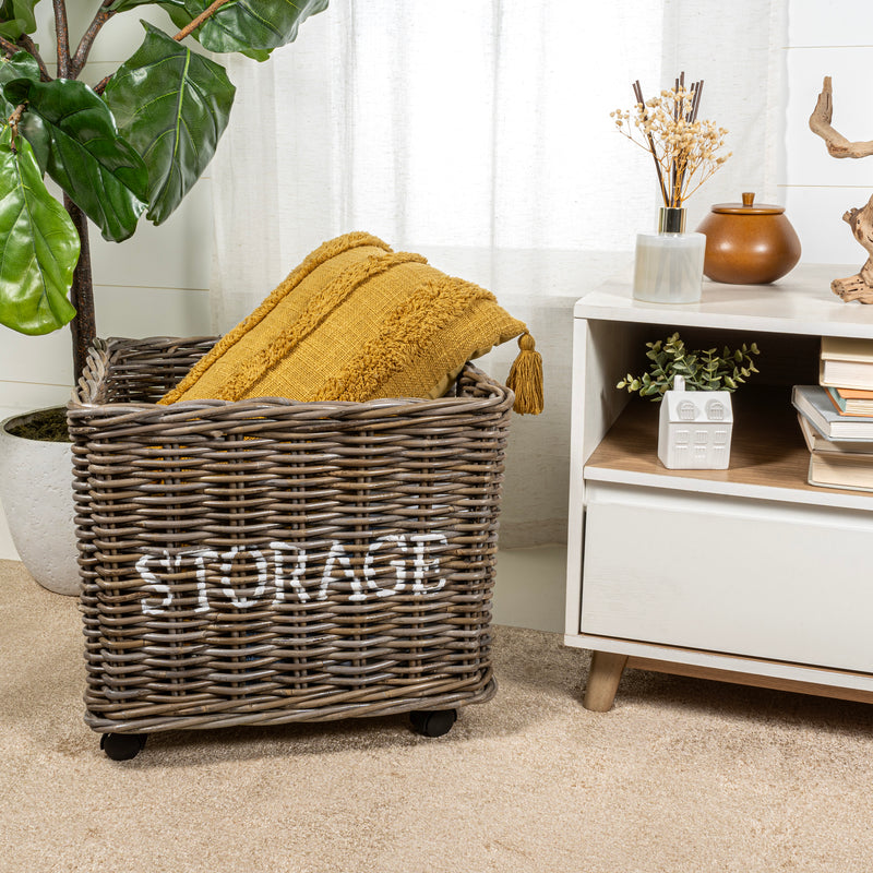 Coastal Hand-Woven "STORAGE" Rattan Basket with Wheels and Handles