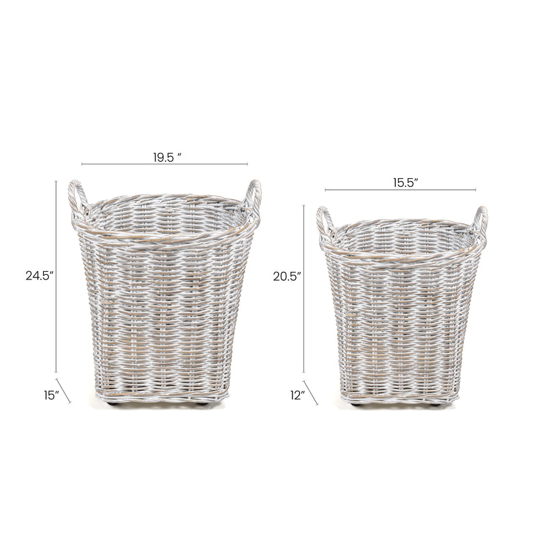 Set of 2 Rustic Hand-Woven Rattan Nesting Baskets with Wheels and Handles