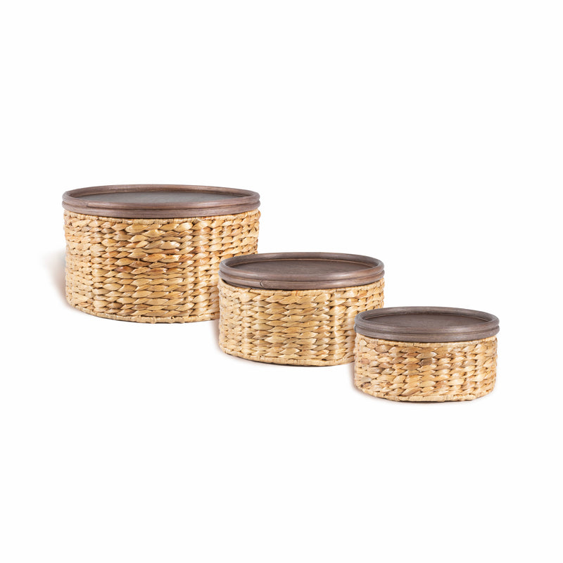 Southwestern Hand-Woven Hyacinth Circular Nesting Baskets with Wood Lids