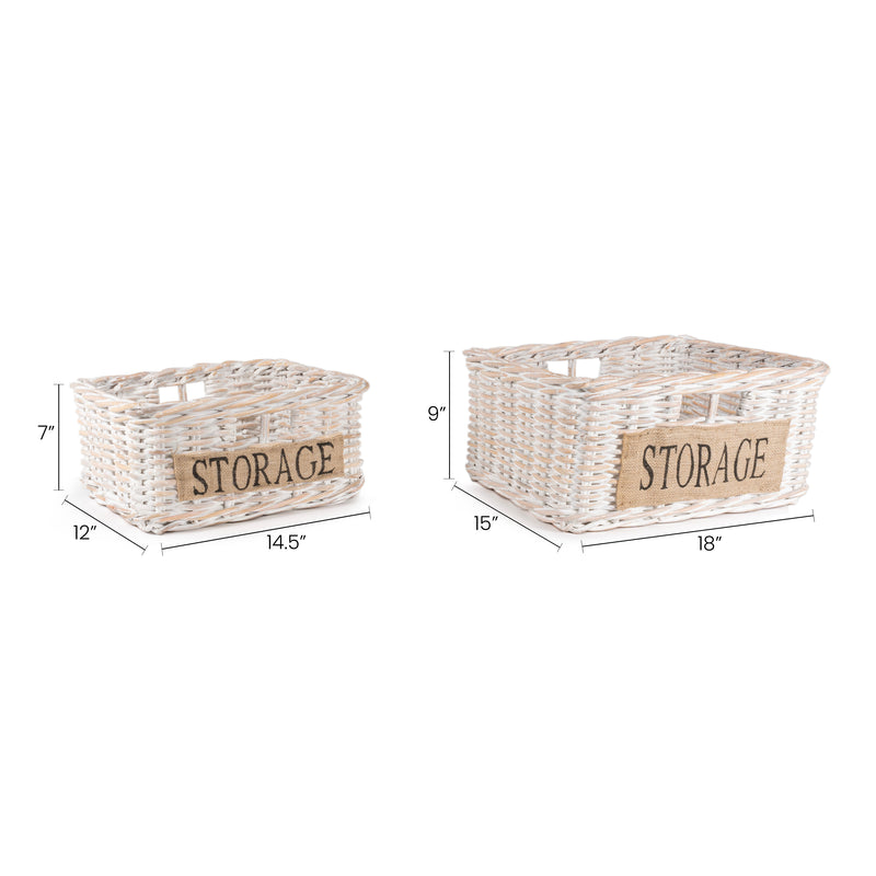 Set of 2 White Wash Hand-Woven Rattan Nesting Baskets with Handles