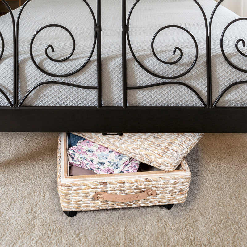 Hand-Woven Hyacinth/Wood Underbed Storage Bin with Wheels and Handles