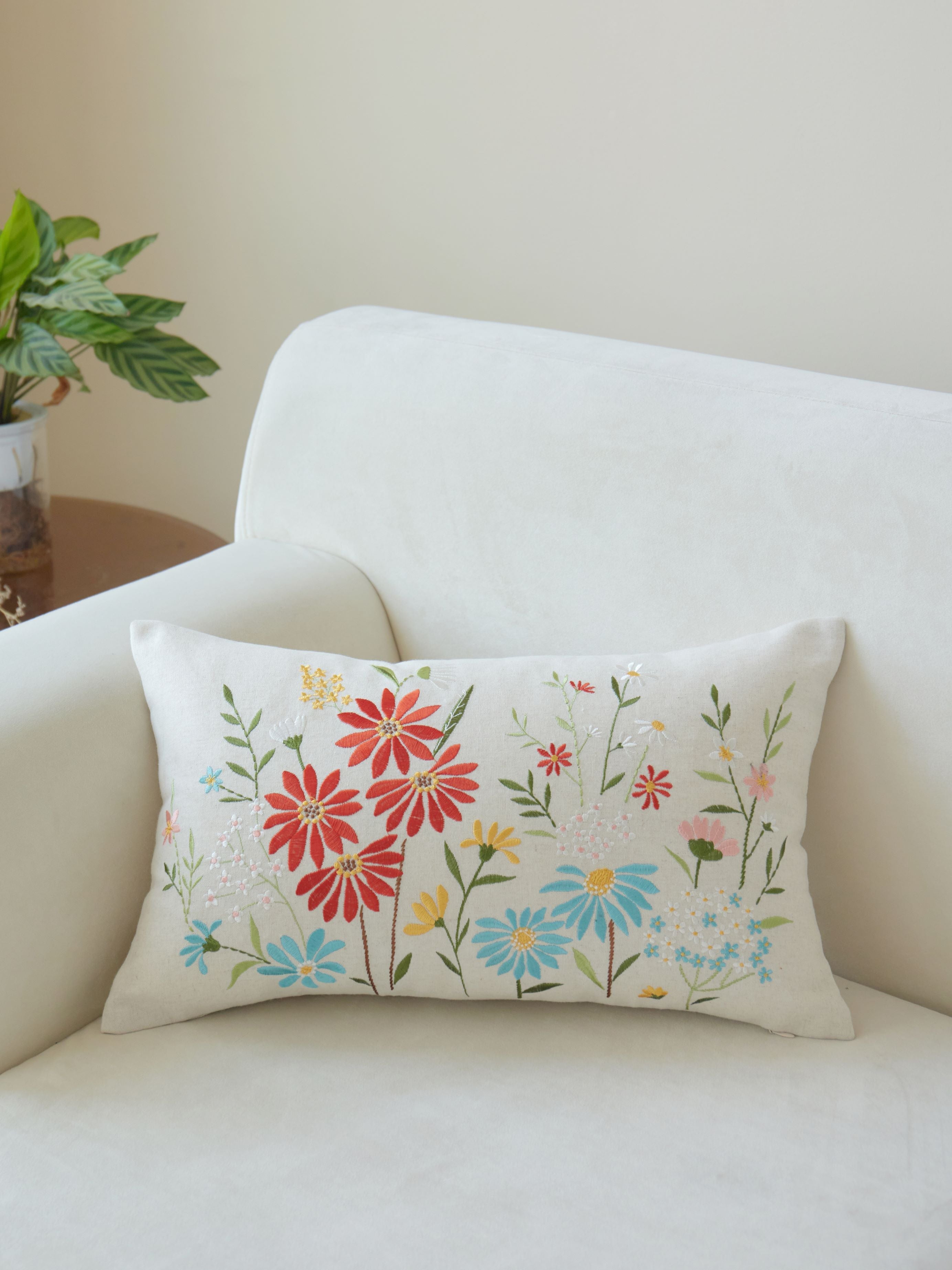 Daisy Multicolor Embroidered Lumbar Pillow