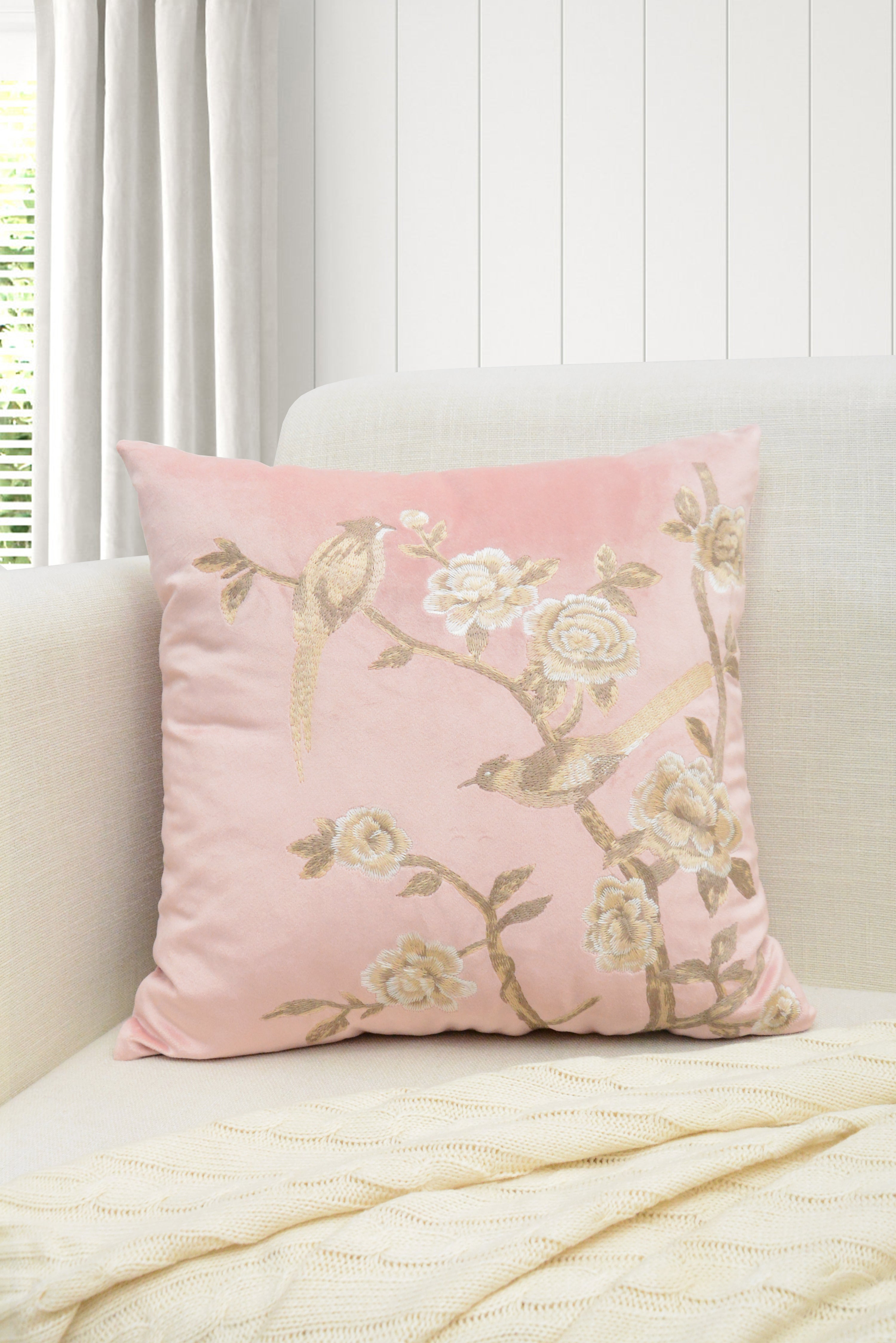 Bird and Branches Embroidered Pillow