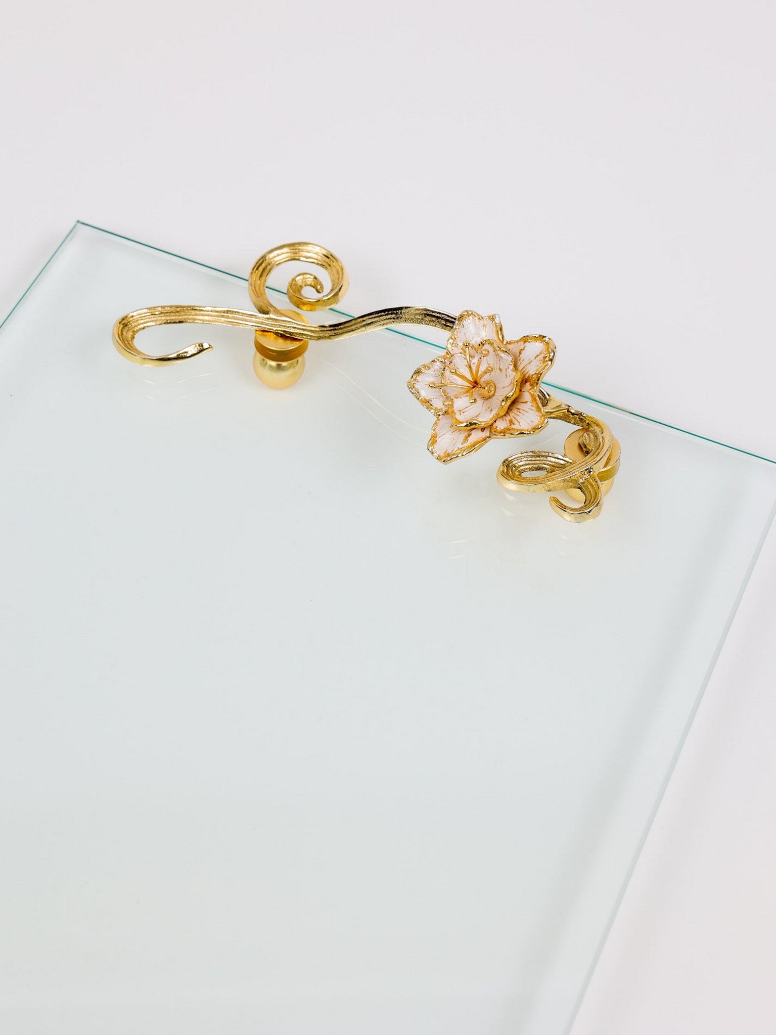 Large Glass Rectangular Tray with Intricately Detailed Gold Handles from The Celine Flower Collection