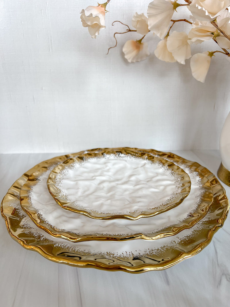 White Porcelain Textured Dinnerware with Gold Edge (3 Styles)