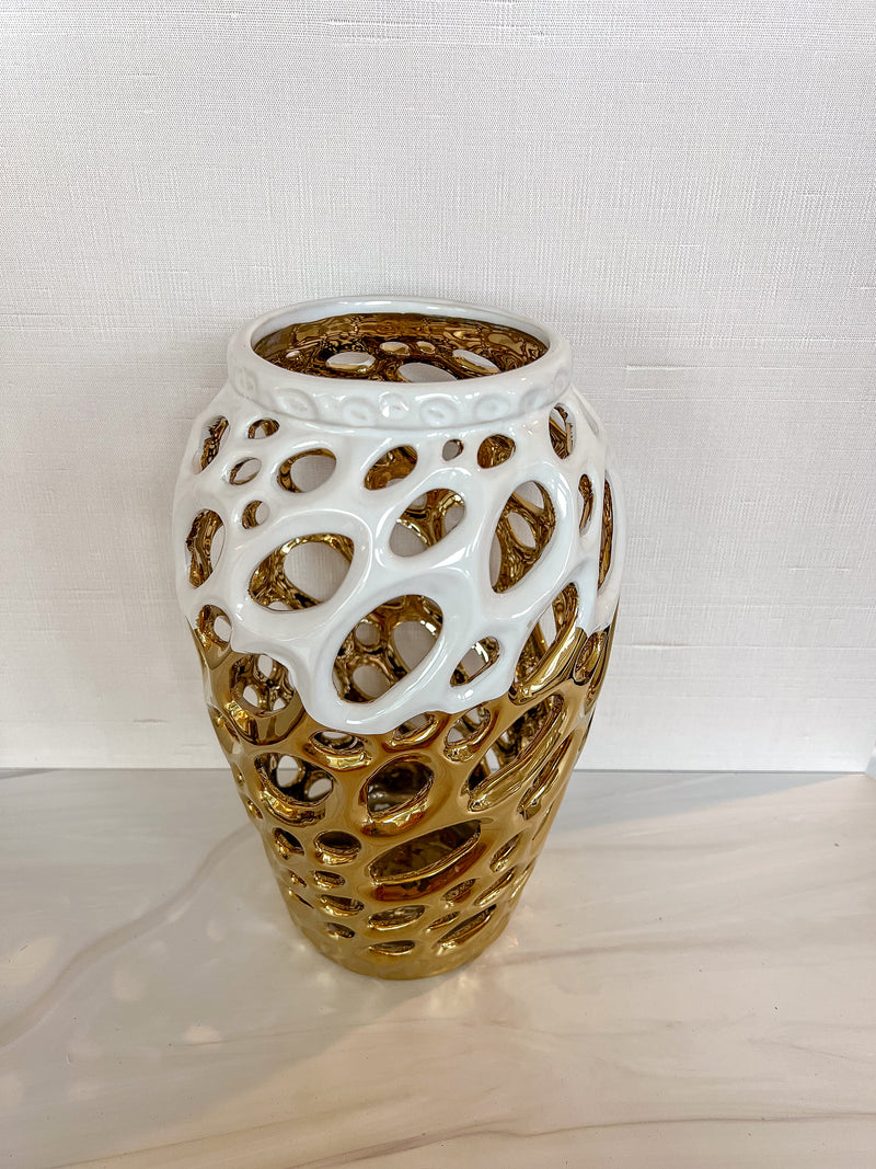 Gold and White Design Vase with Cut Out Design