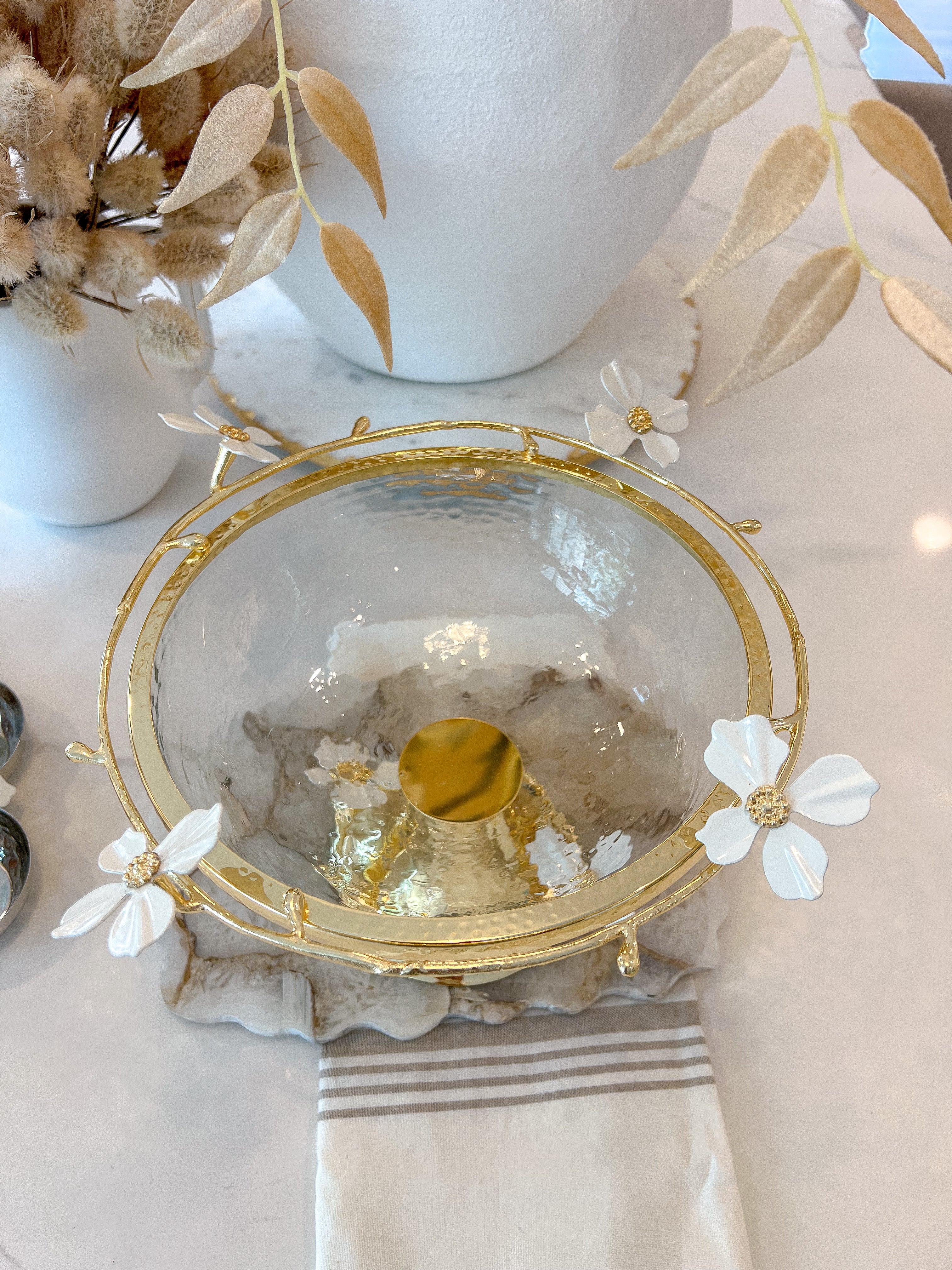 Gold Footed Glass Bowl from The White Jeweled Flower Collection