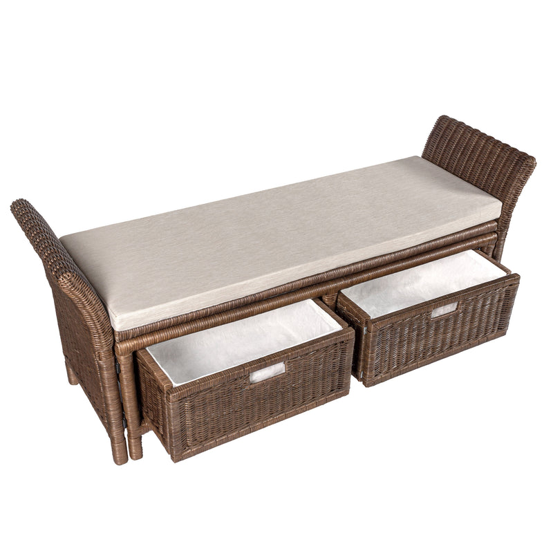2 Drawer Wicker Storage Bench with Linen Cushion