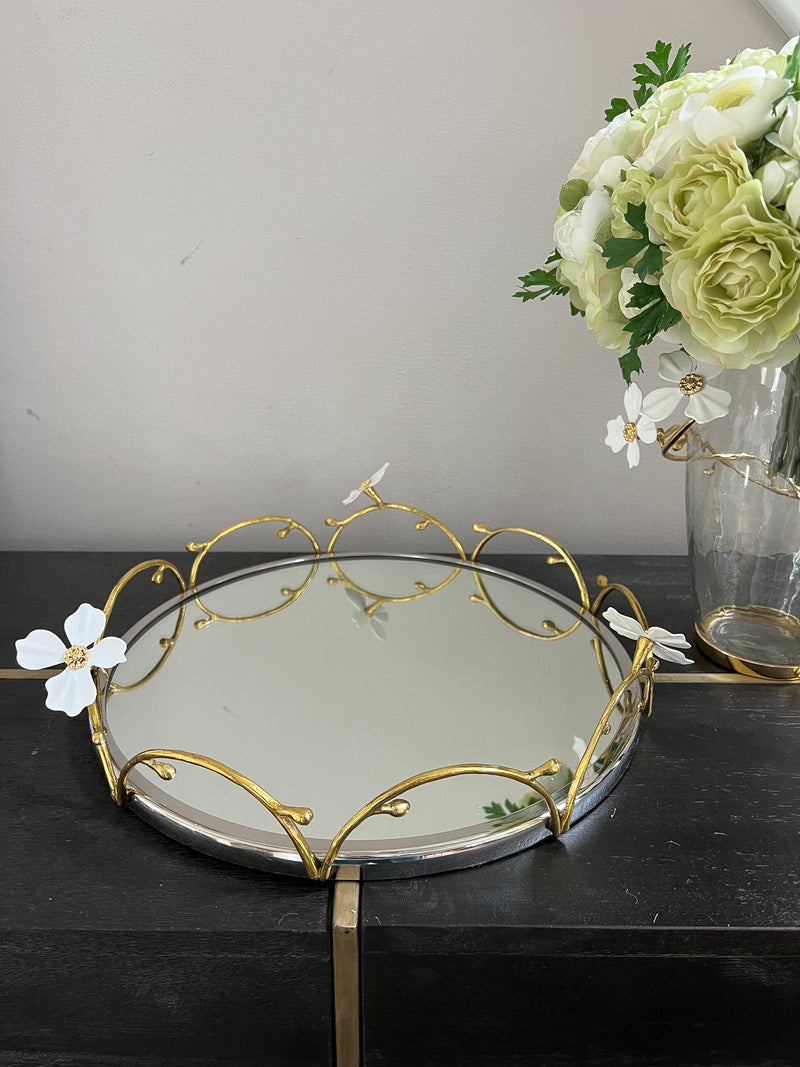 Round Tray with Gold Loop from The White Jeweled Flower Collection