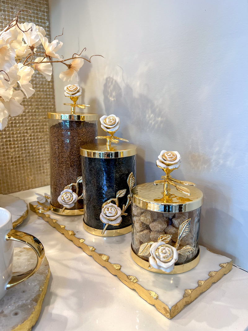 Glass Canister with Gold Lid with Gold & White Rose Details (3 Sizes)
