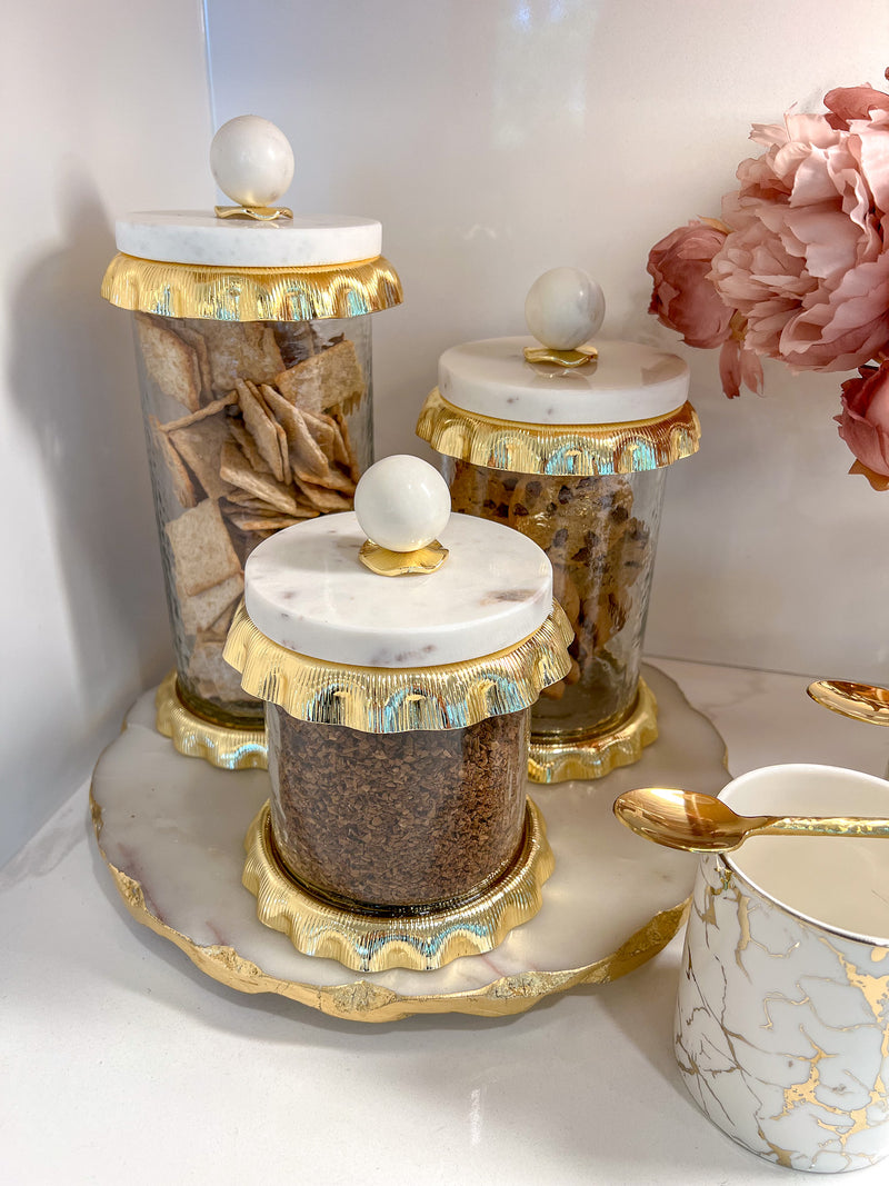 Marble & Gold Hammered Canister with Textured Ruffle Design (3 Sizes)