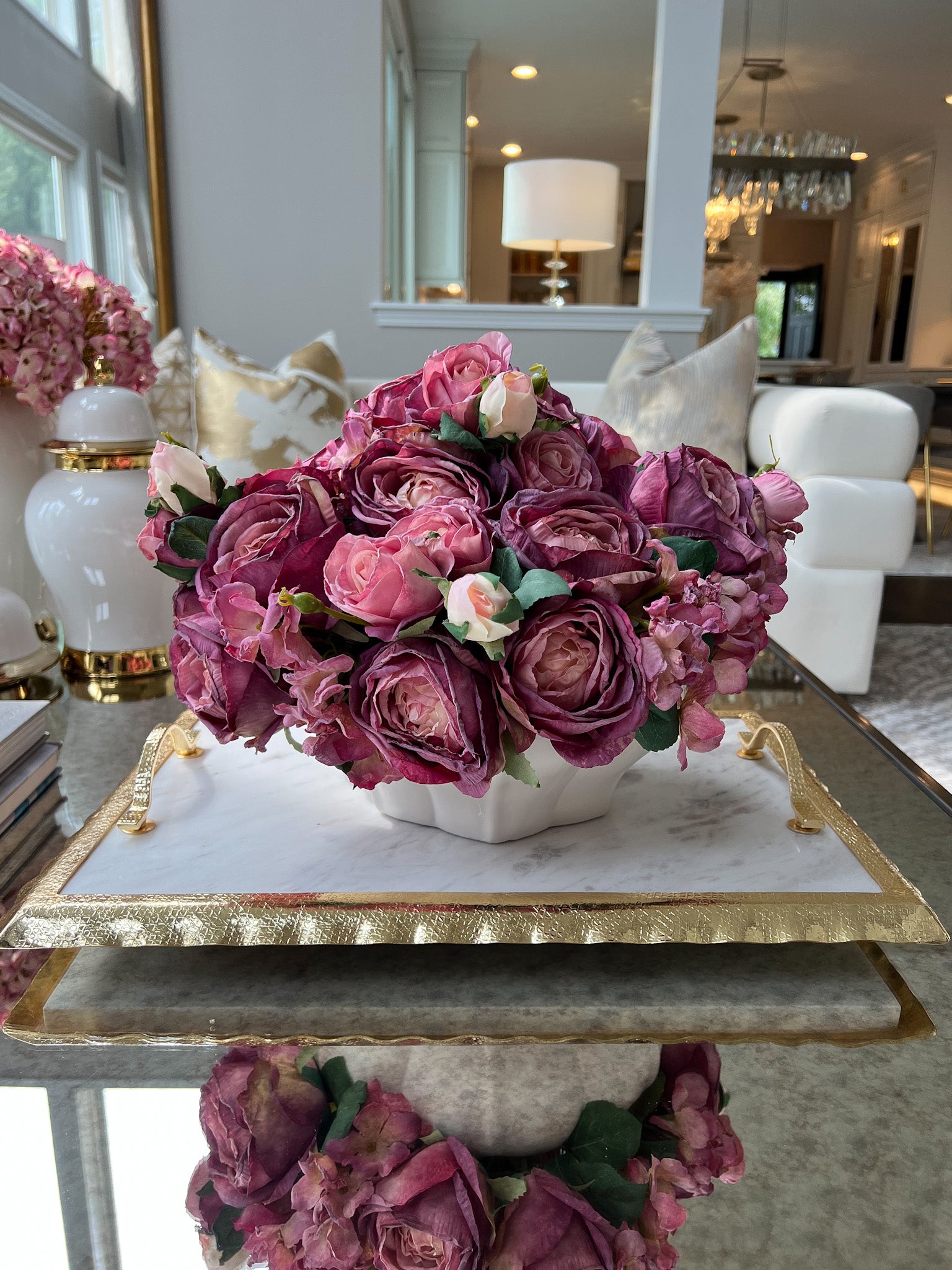 Large Rectangular Marble Tray with Gold Metal Handles and Gold Ruffle Border