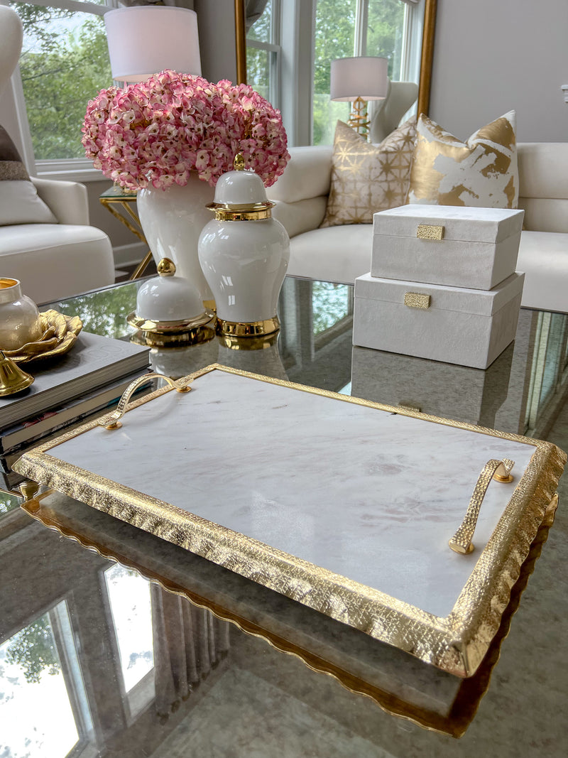 Large Rectangular Marble Tray with Gold Metal Handles and Gold Ruffle Border