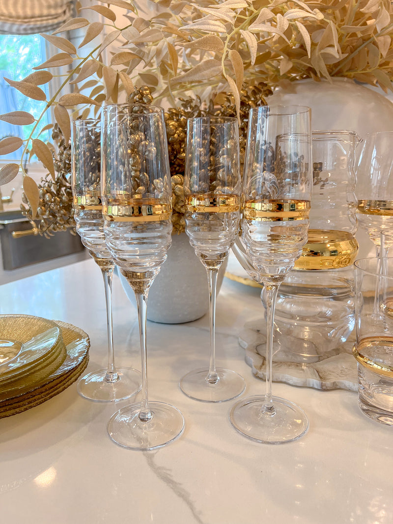 Set of 6 Flute Glasses with Gold Stripe