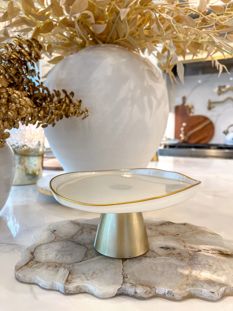 Organic Shaped White Glass with Gold Footed Cake Plate (2 Sizes)