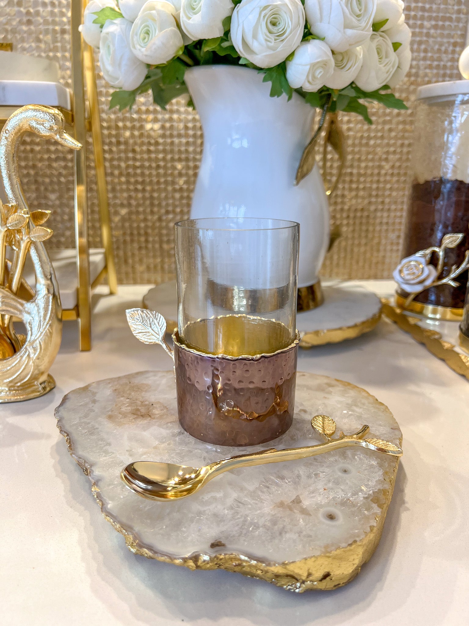 Glass Cup and Metal Saucer with Gold Leaf Flower Design