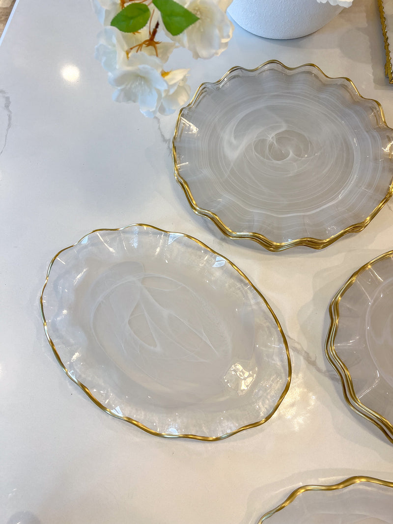 White Alabaster Oval Tray with Gold Ruffled Border (2 Sizes)