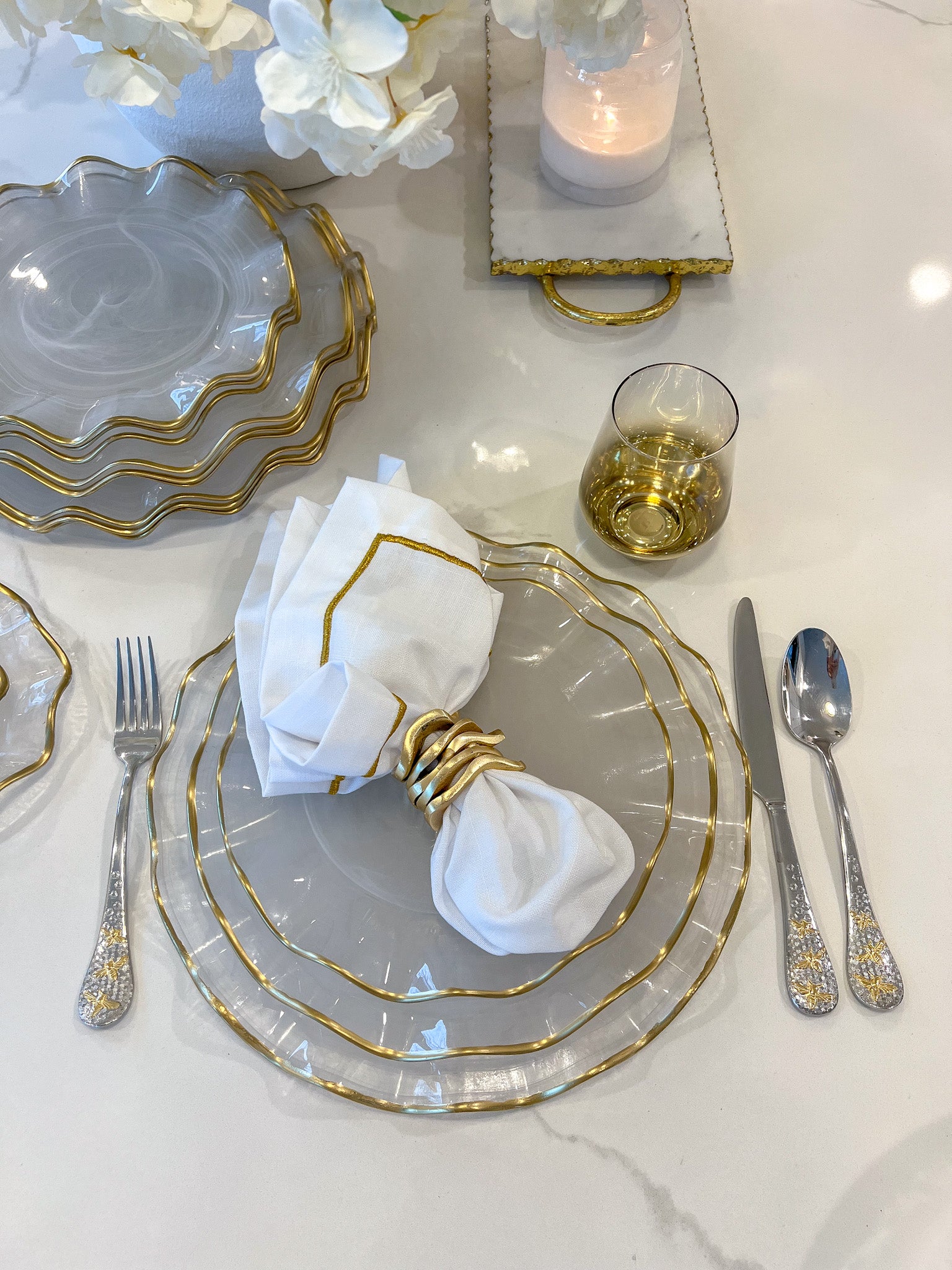 Set of 4 White Alabaster Dinnerware with Gold Ruffled Border (3 Styles)