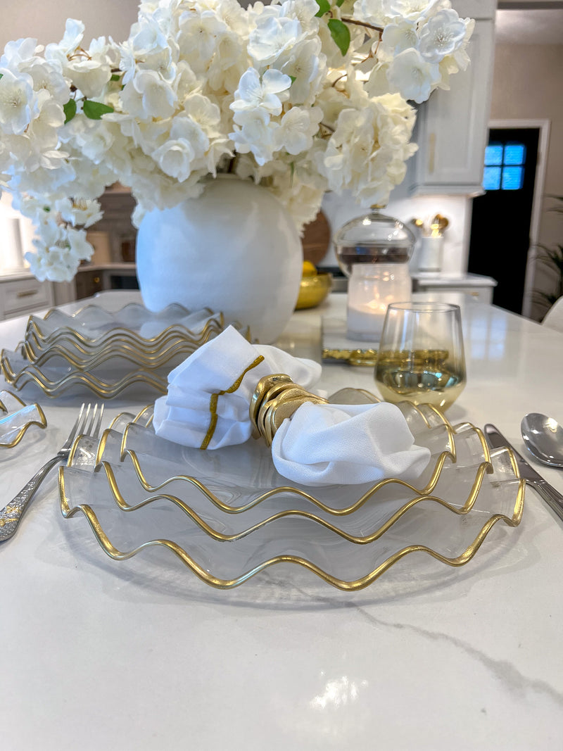 Set of 4 White Alabaster Dinnerware with Gold Ruffled Border (3 Styles)