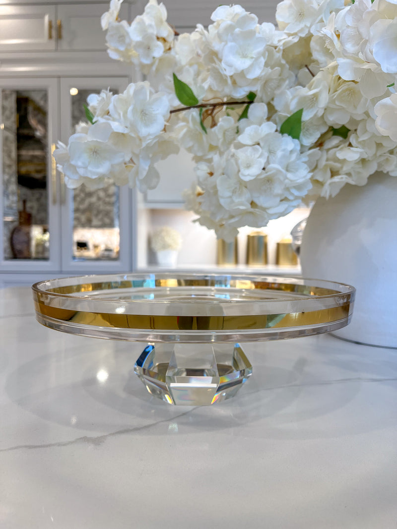 Glass Cake Plate with Gold Rim on Diamond Shaped Base