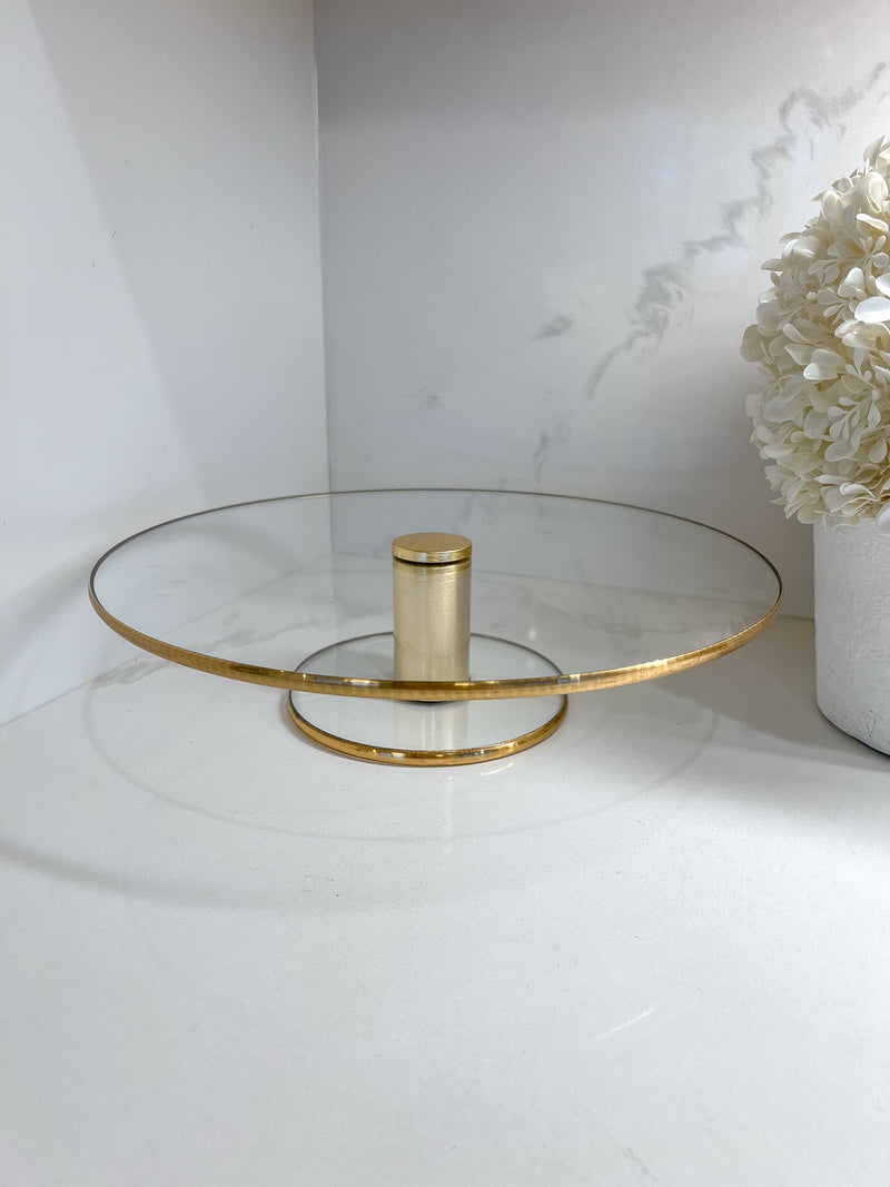 Round Glass Cake Plate on Pedestal with Gold Trim