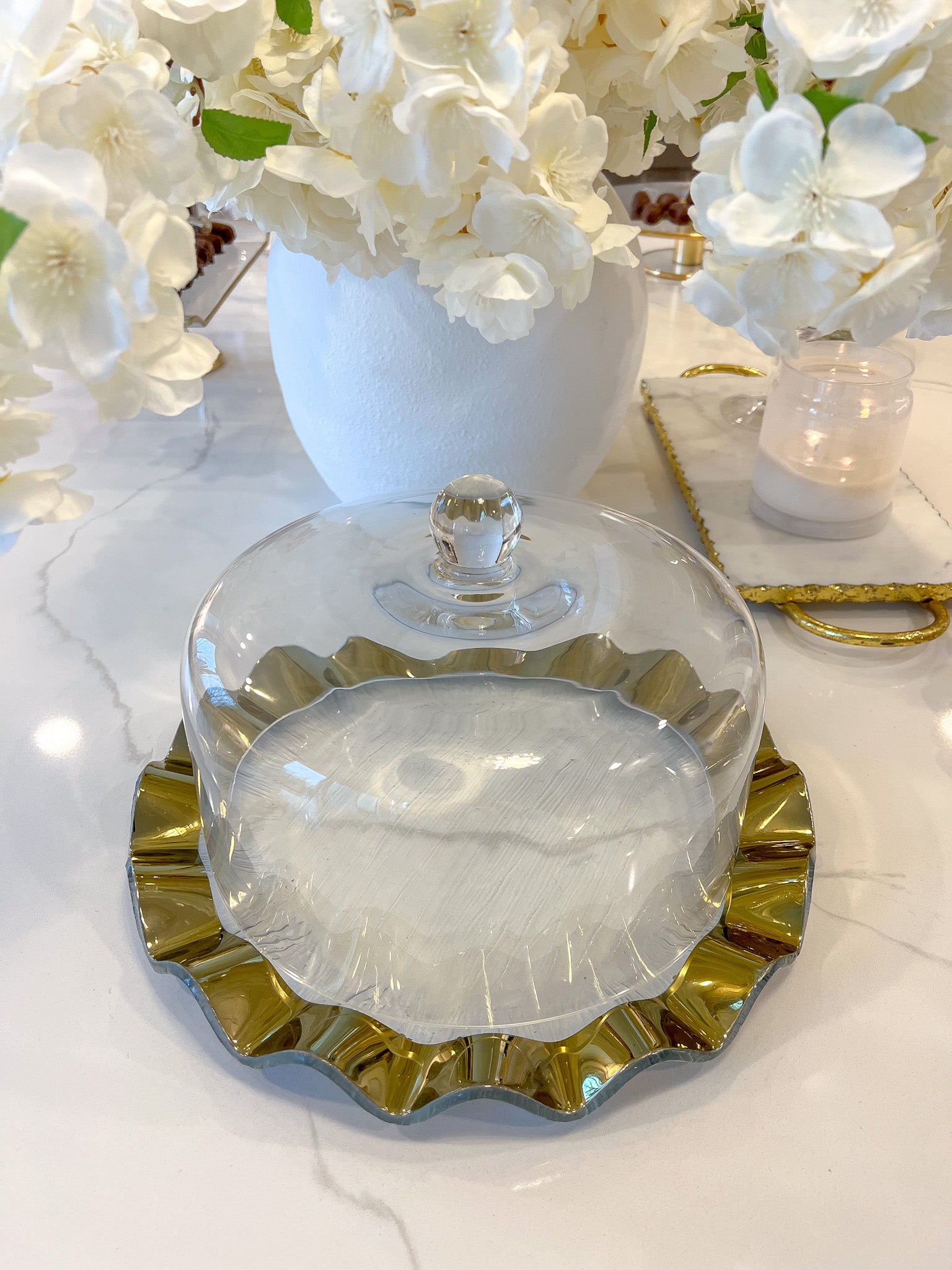 Glass Cake Platter with Scalloped Border and Glass Dome (2 Colors)