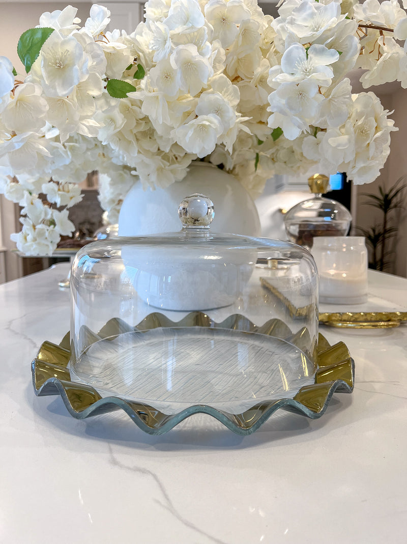 Glass Cake Platter with Scalloped Border and Glass Dome (2 Colors)