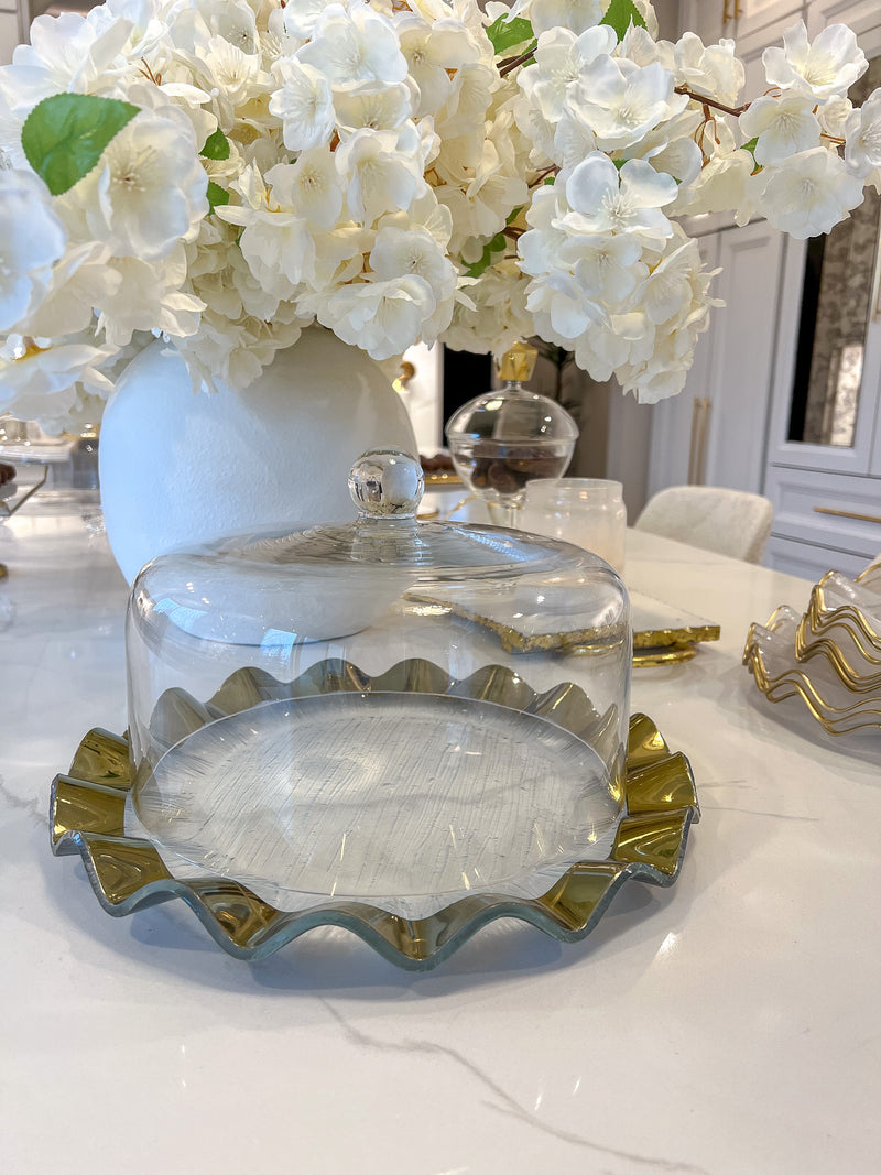 Glass Cake Platter with Scalloped Border and Glass Dome (2 Colors)