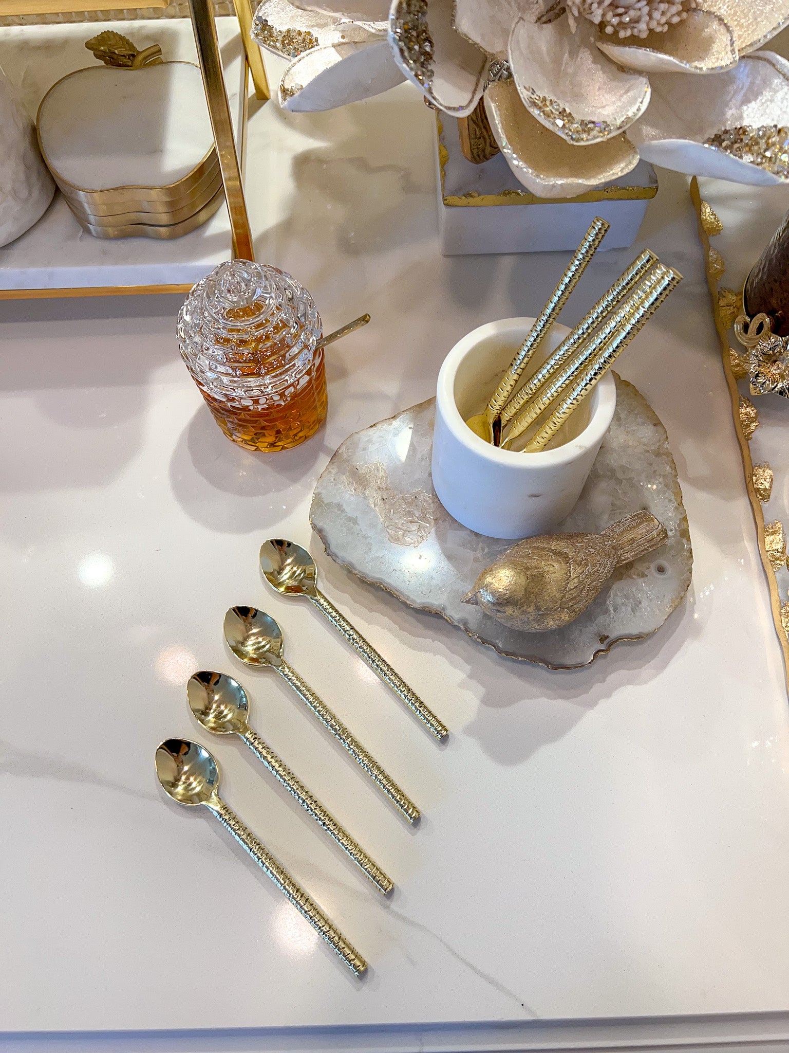 Set of 4 Gold Hammered Dessert Spoons