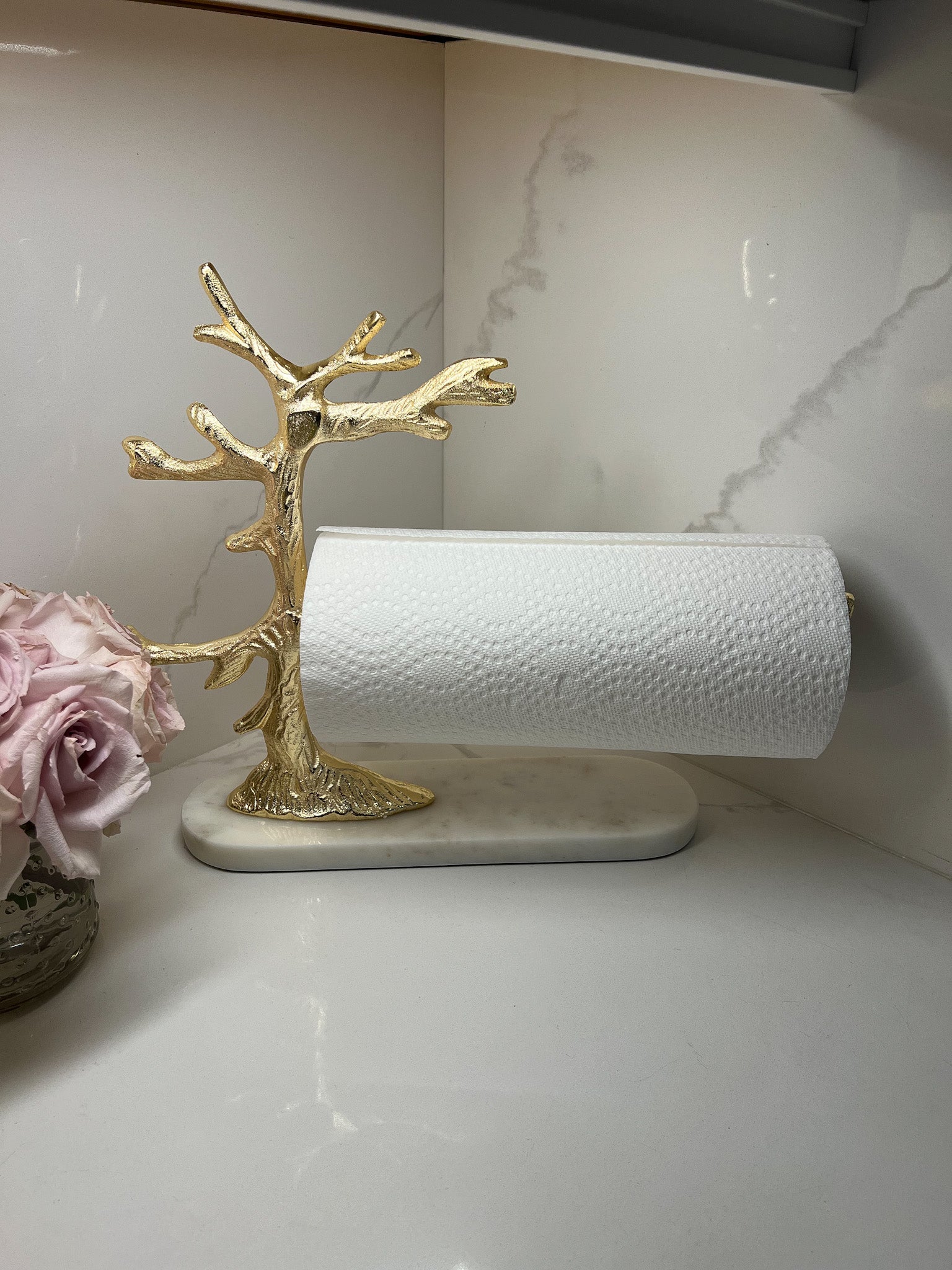 Gold Tree Design Paper Towel Holder On Marble Base