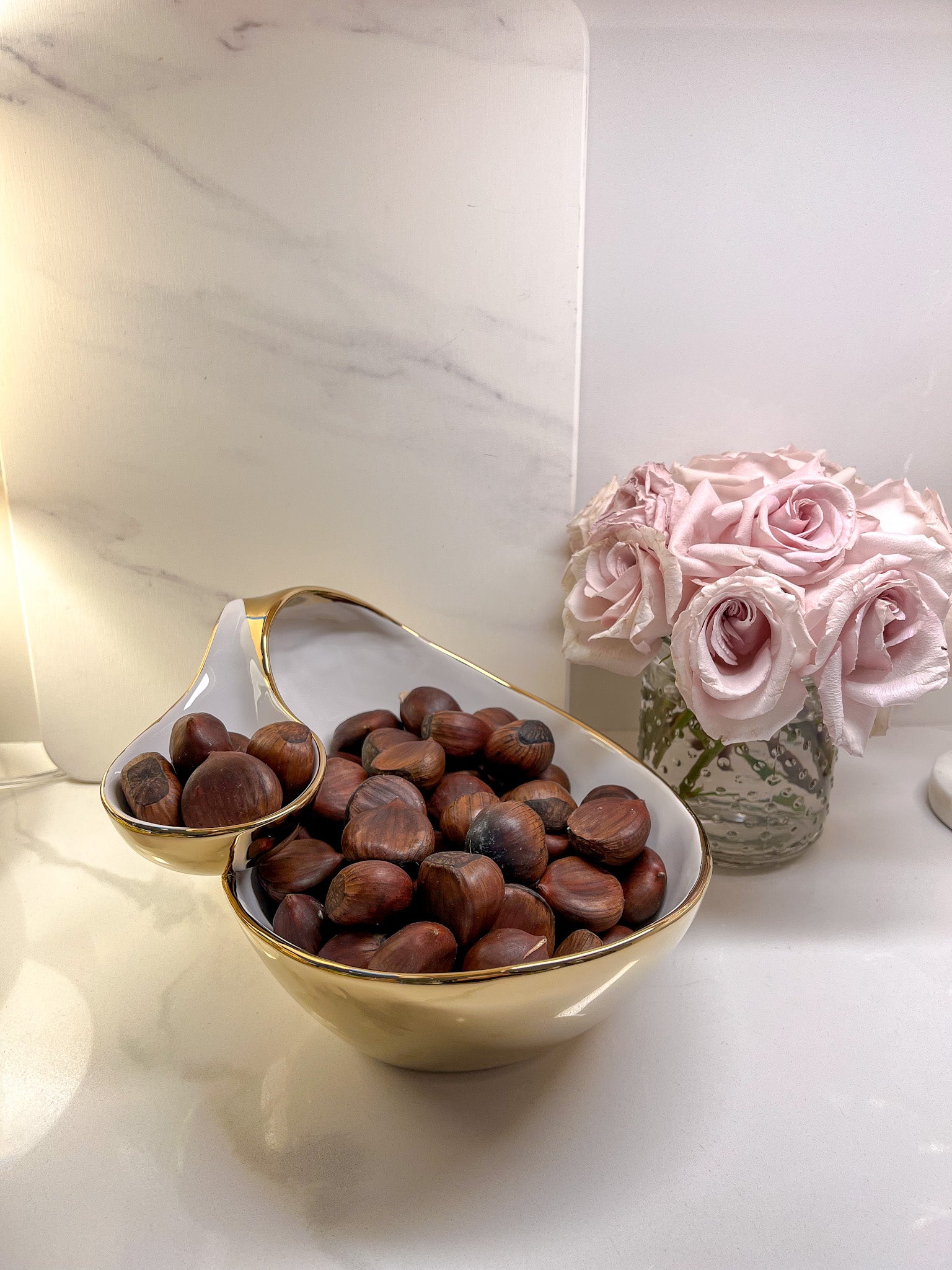 White Porcelain Chip and Dip Bowl with Gold Edge