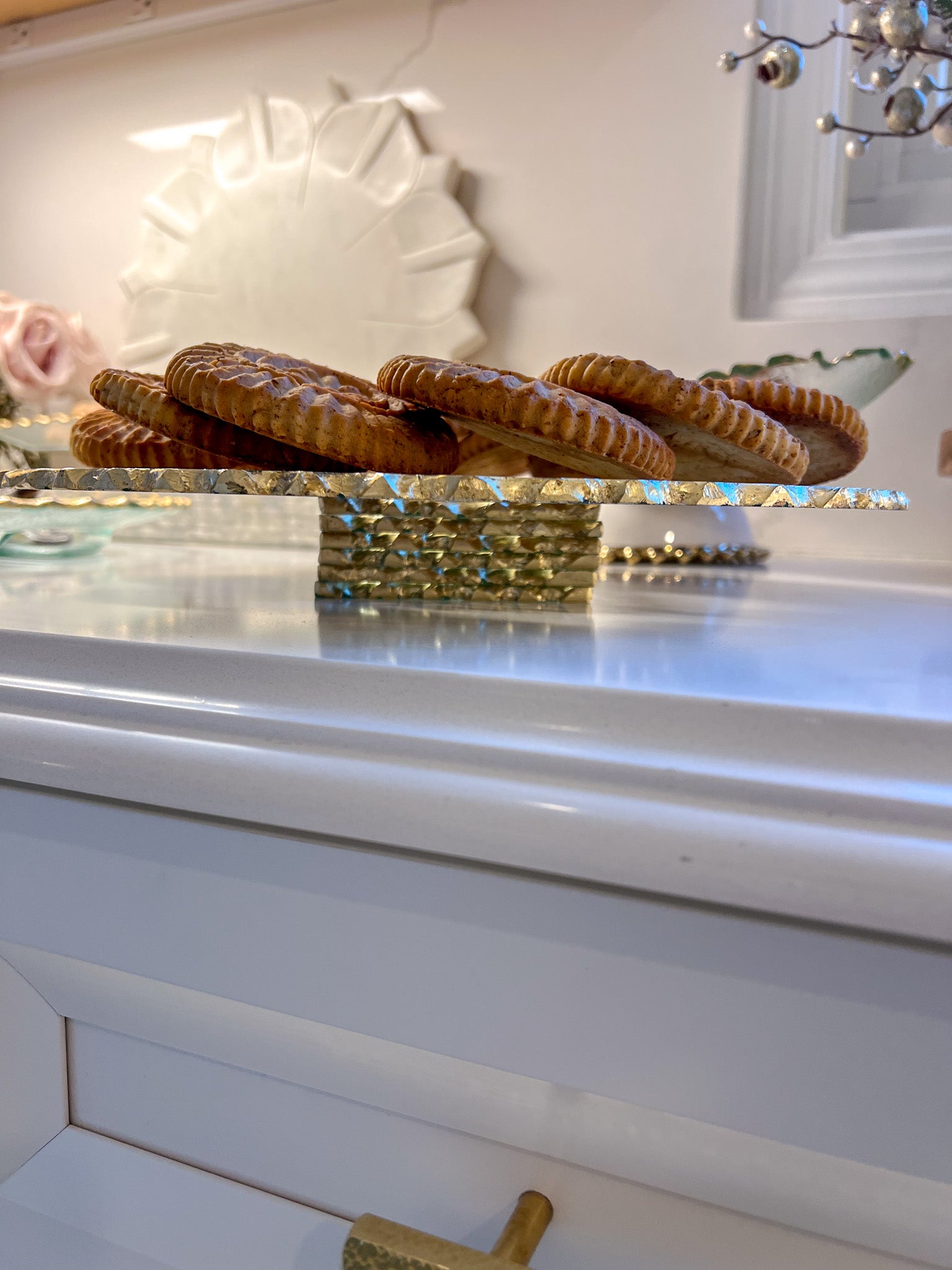 Glass Cake Stand with Gold Edge on Stacked Base