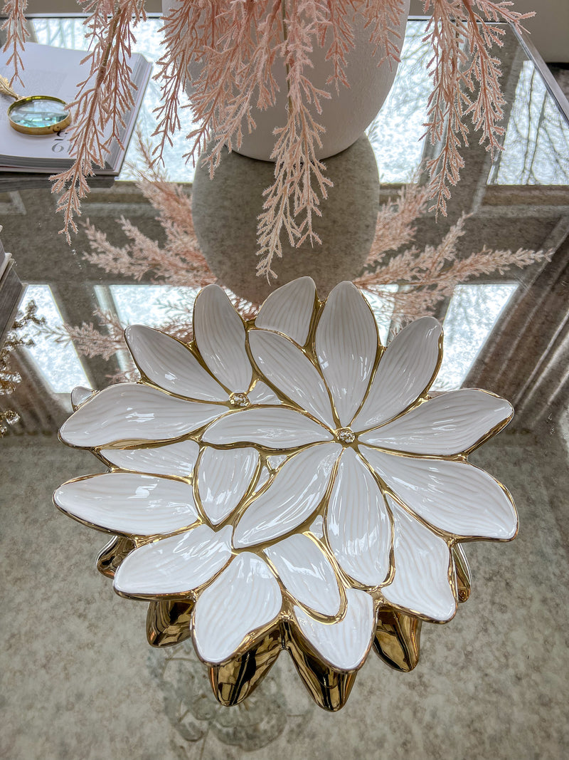 White Porcelain Flower Plate with Gold Edge