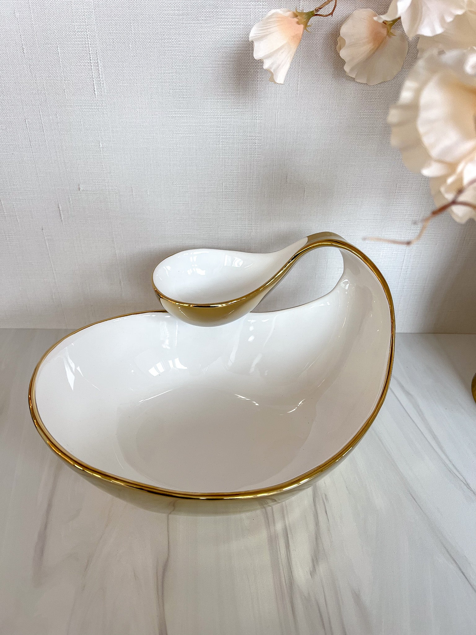 White Porcelain Chip and Dip Bowl with Gold Edge