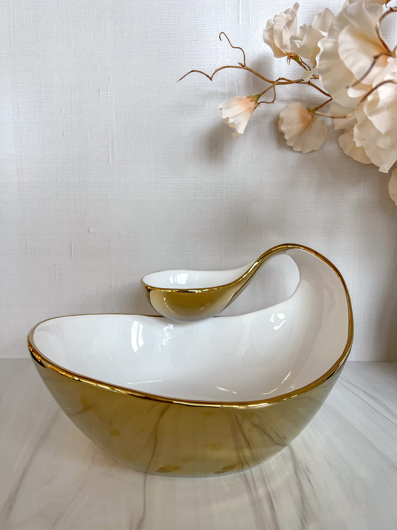 White Porcelain Chip and Dip Bowl with Gold Edge