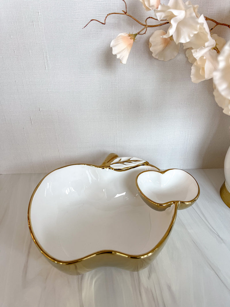 White Porcelain Apple Dish with Gold Edge