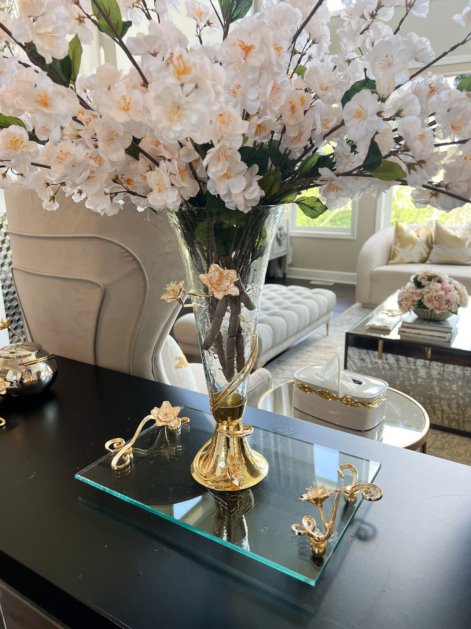 Large Glass Rectangular Tray with Intricately Detailed Gold Handles from The Celine Flower Collection