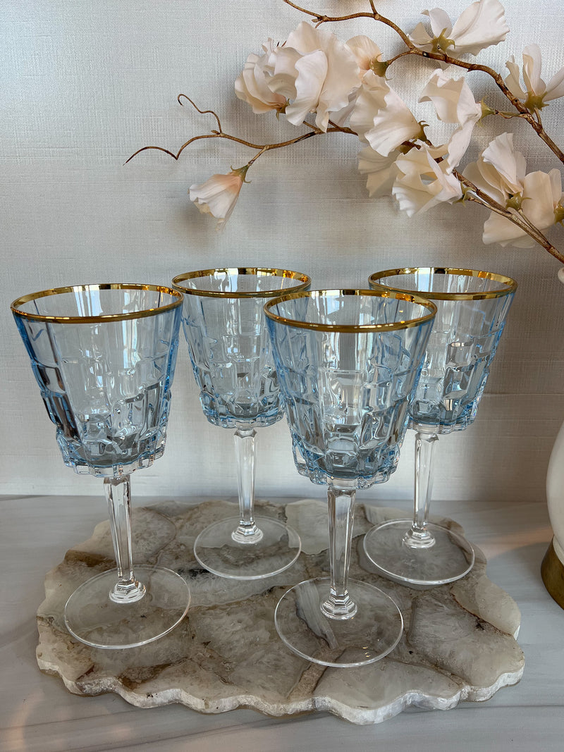 Set of 4 Blue Goblets with Gold Rim