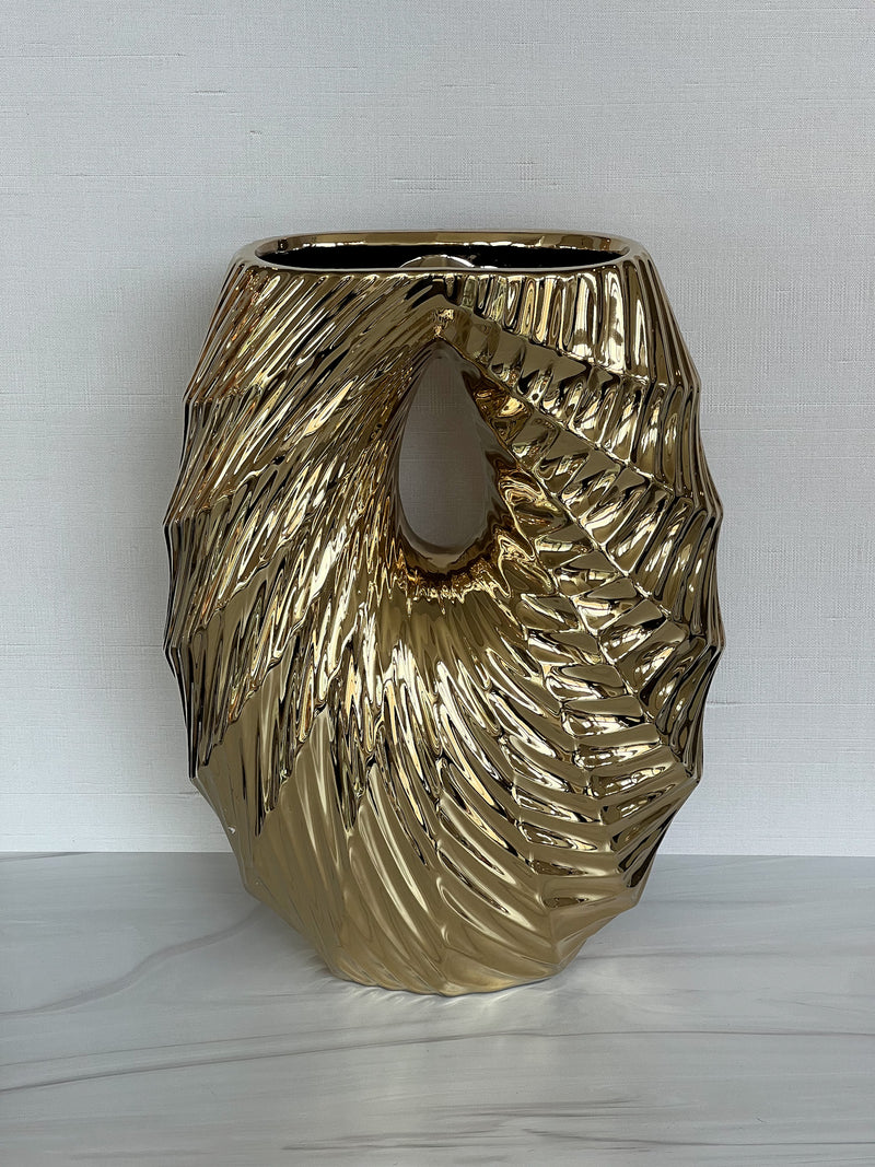 Large Gold Ceramic Vase with Cut Out Design
