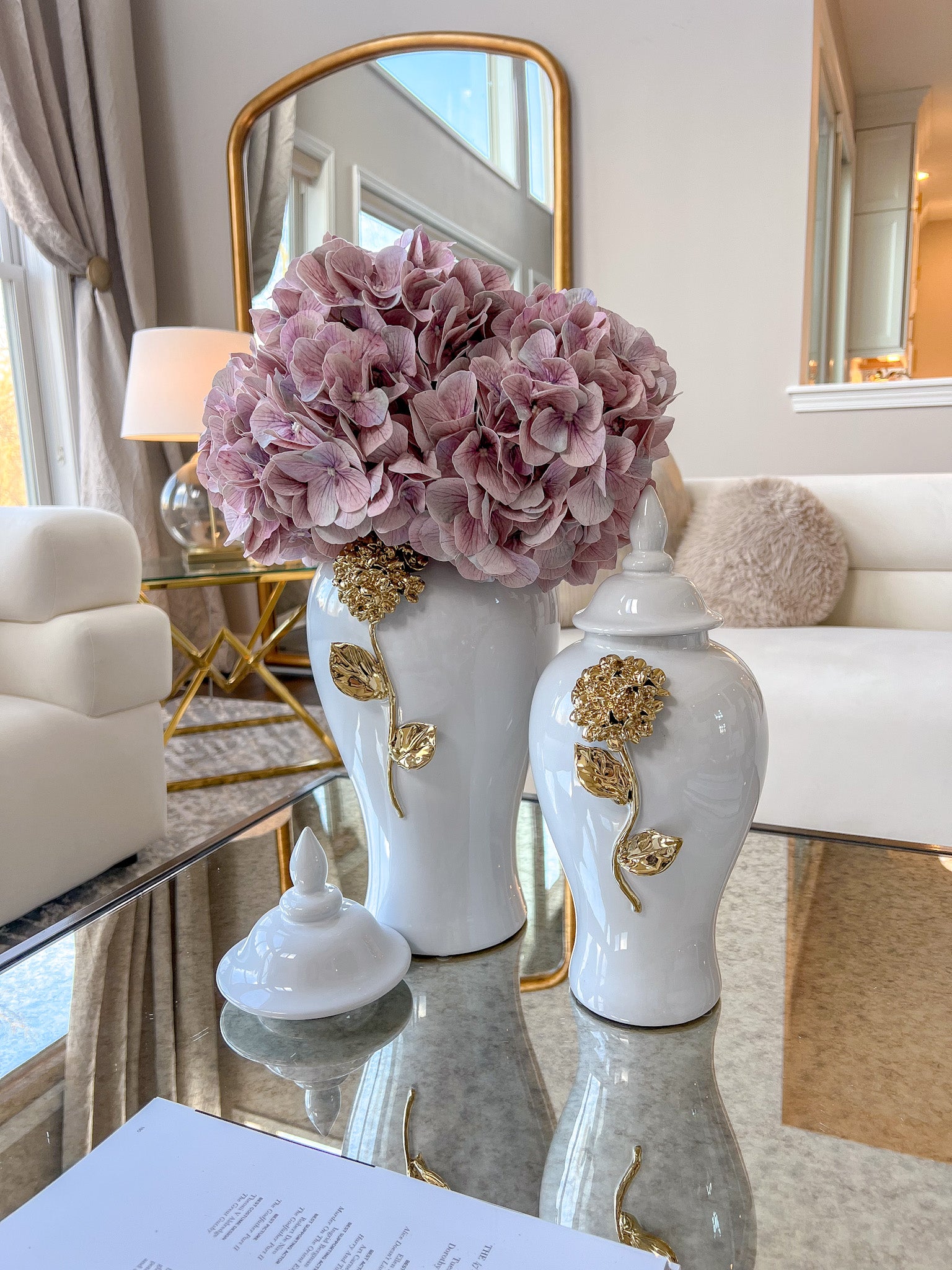 White Ginger Jar with Gold Hydrangea Flower Detail (2 Sizes)