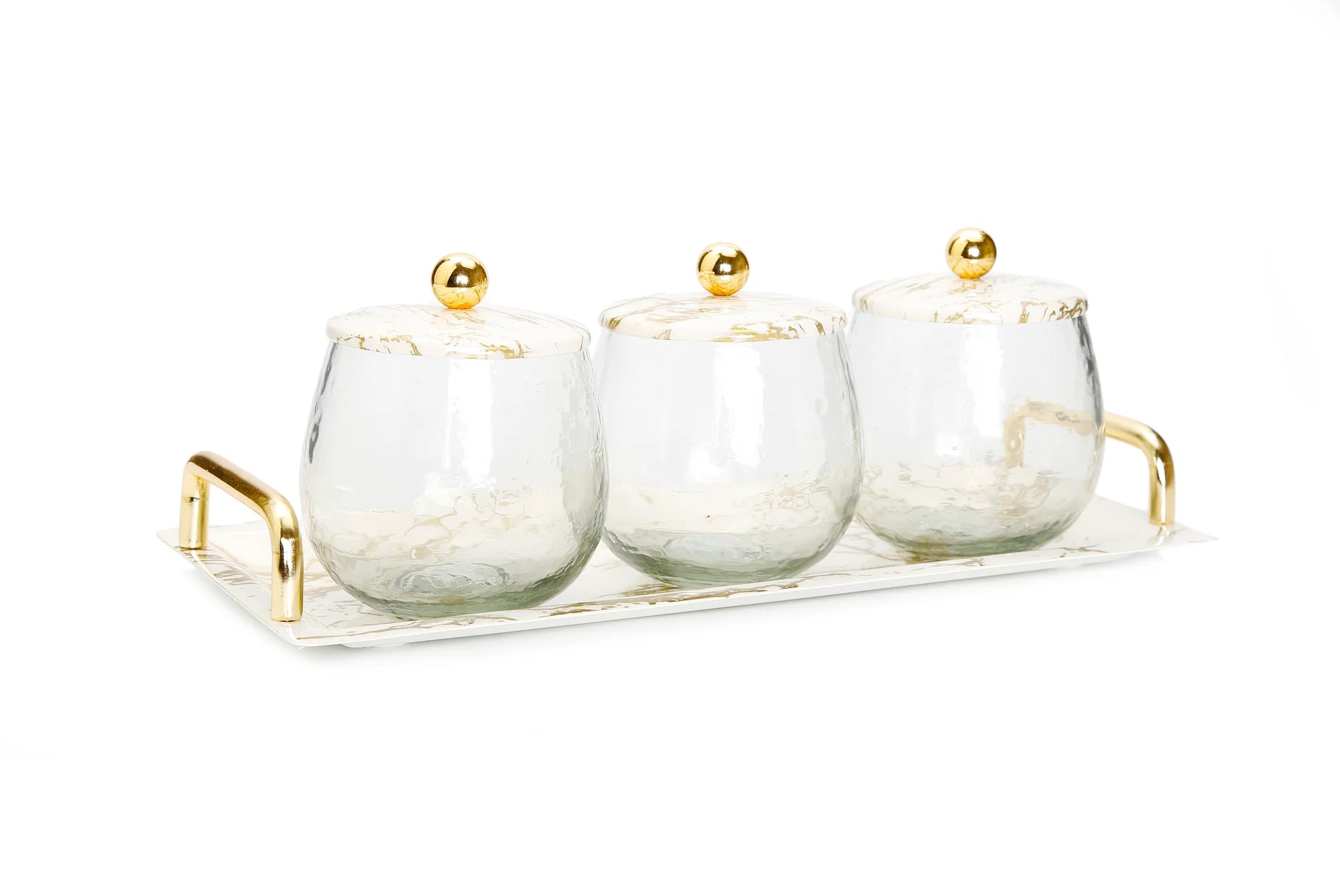 Glass 3 Jar Serveware & Tray with Marble Lid with Gold Ball Design