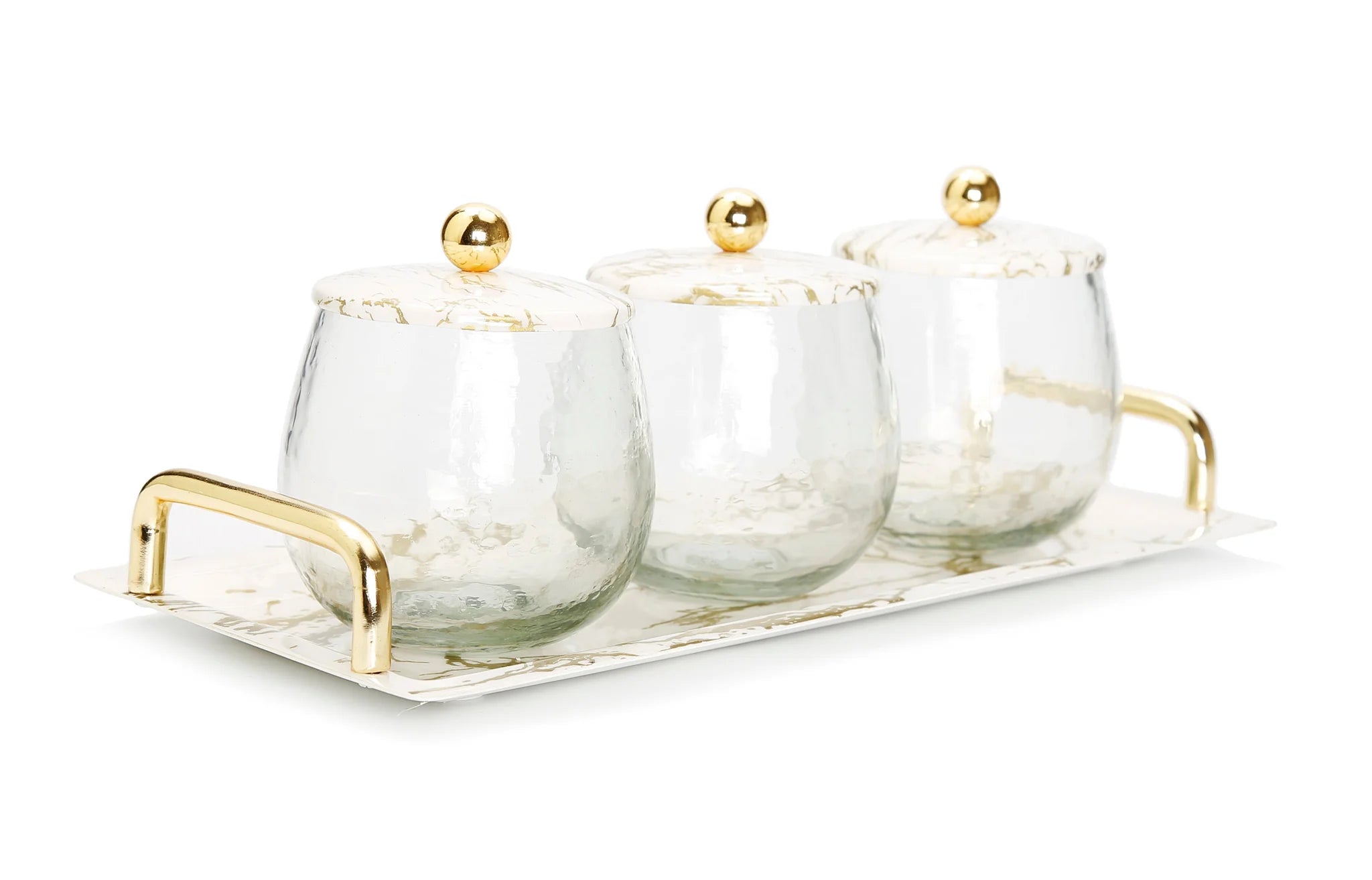 Glass 3 Jar Serveware & Tray with Marble Lid with Gold Ball Design