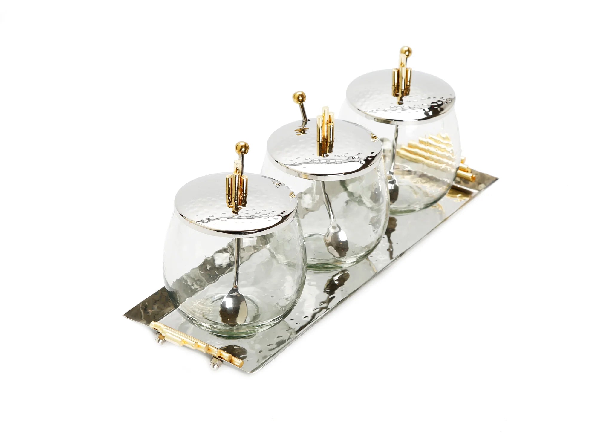 Stainless Steel Hammered Tray with 3 Glass Bowls Gold Diamond Design Details