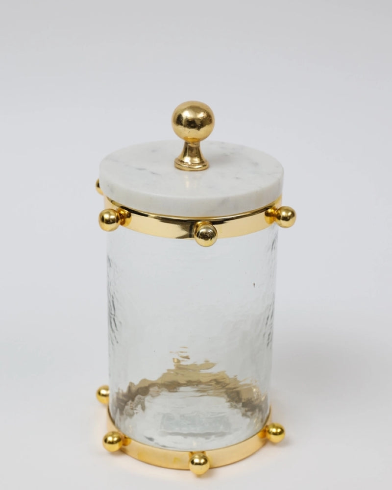 Hammered Glass Canister w/ Gold Ball Design and Marble Cover (3 Sizes)